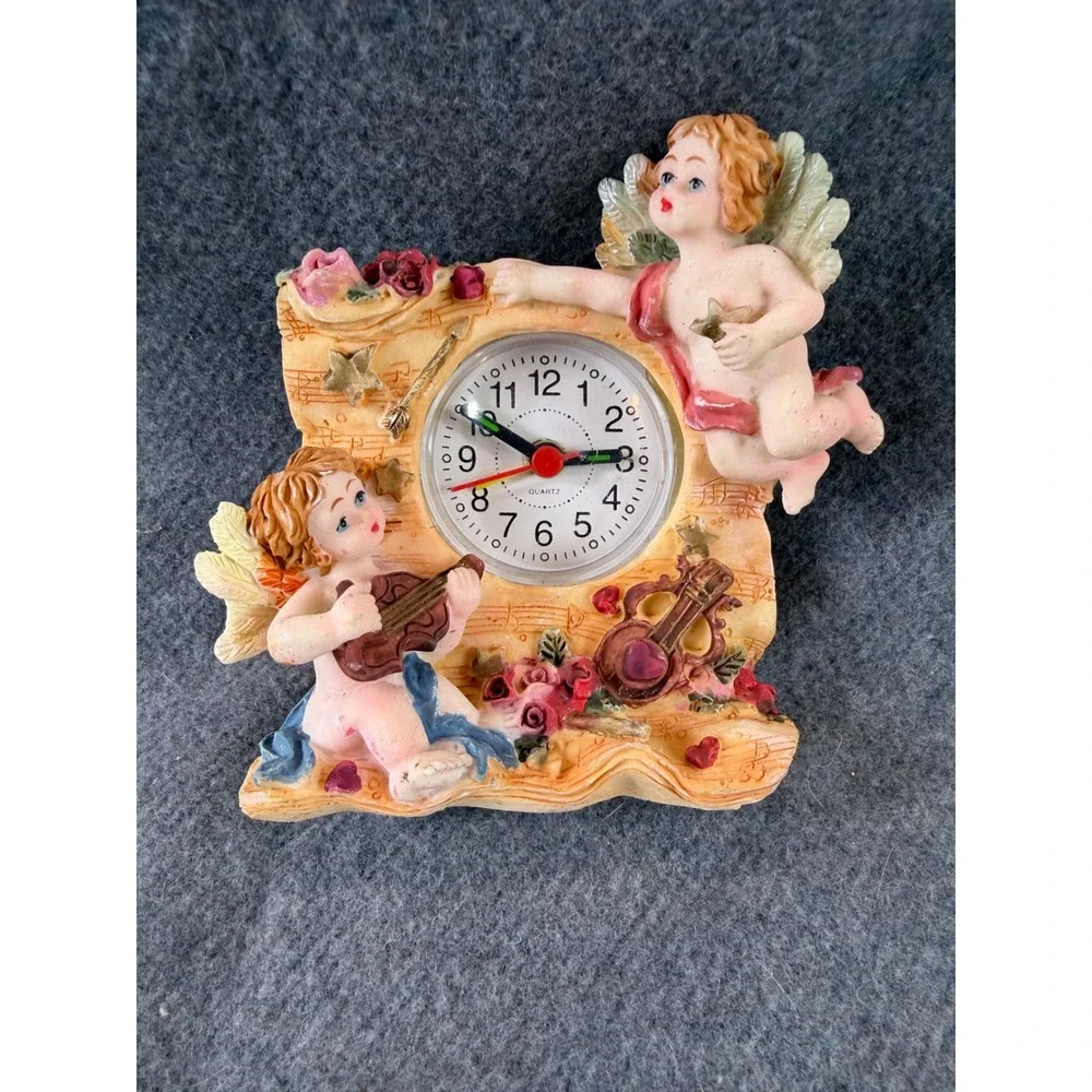 Angel Floral Victorian Cherub Desk Clock Resin Musical WORKS 4